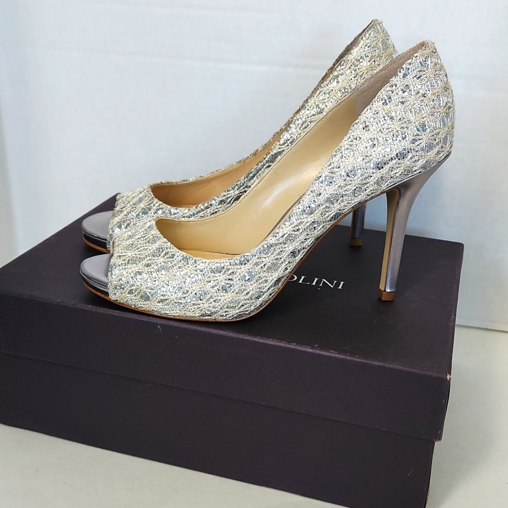 Enzo Angiolini Glitter and Lace Peep Toe Pumps Size 7.5